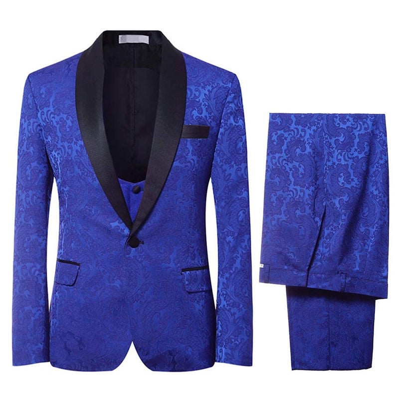 YFFUSHI Men's Elegant Jacquard 3 Piece Suit Shawl Lapel Slim Fit Tuxedo Set Blue - Image 1